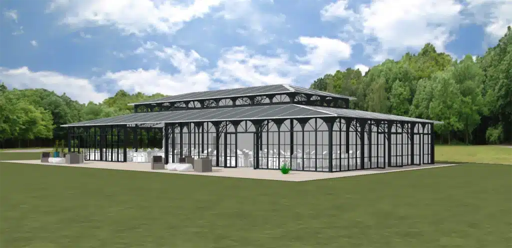 Allaire Architecture imagine une salle de soirée esprit années folles et verre et fer forgée au milieu d'une grande prairie